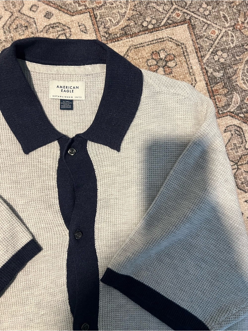 American Eagle Outfitters Navy and Light Gray Knit Cardigan Polo